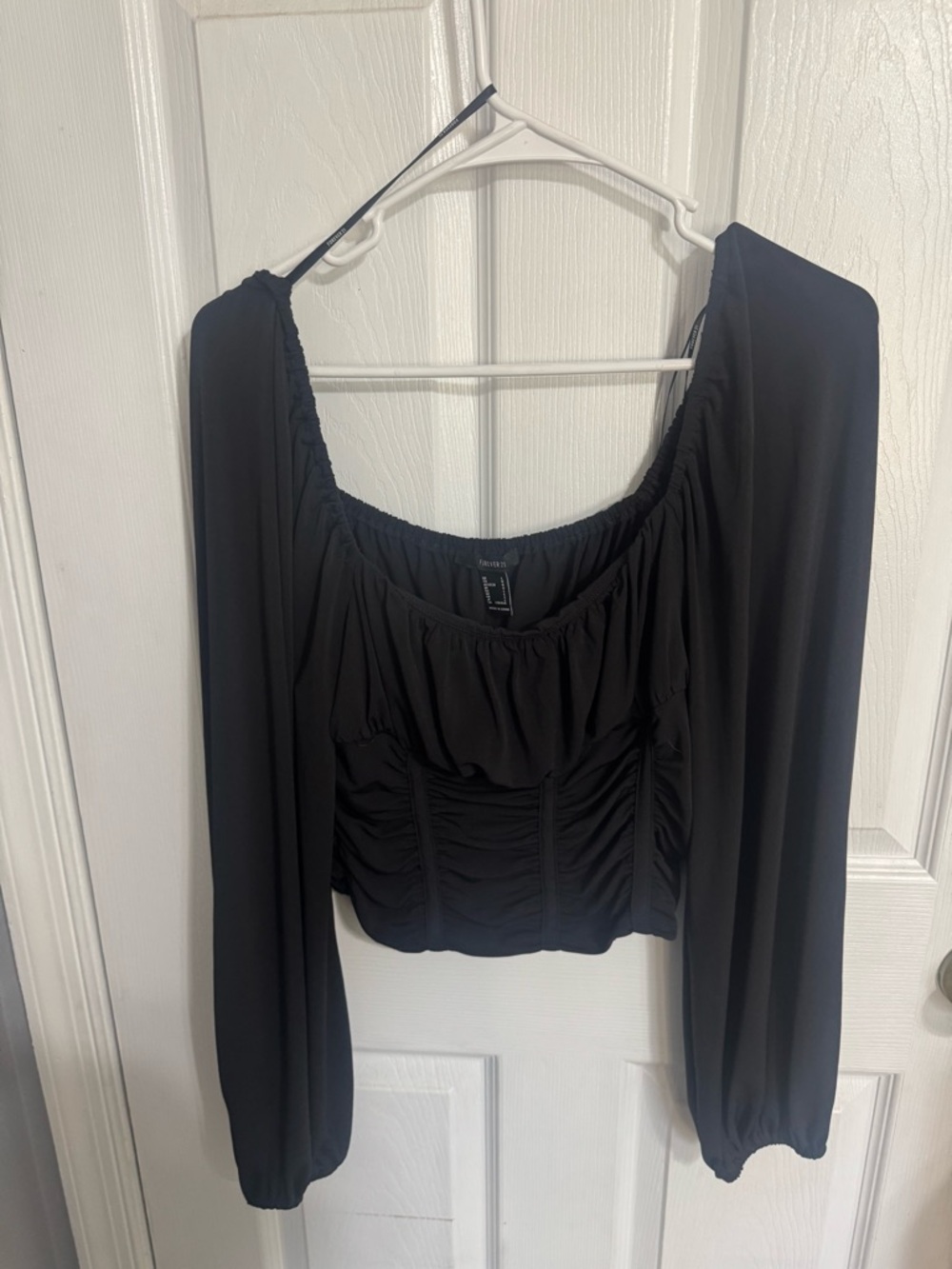 Forever 21 Black Long-Sleeve Ruched Square-Neck Blouse